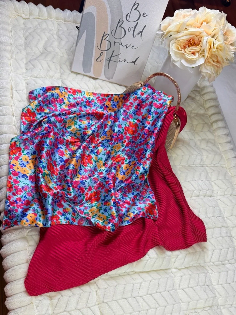 Elegant Bright Floral & Ruby Red Silk Scarves - Double Pack - Picture 13 of 14